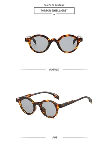Detail view of tortoiseshell oval sunglasses with grey lenses from front and side angles