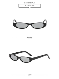 Vues frontale et latérale des lunettes de soleil ovales noires étroites rétro argentées
