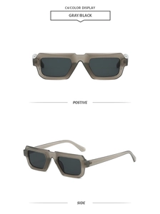 Detailansicht der quadratischen Vintage-Sonnenbrille in Grau mit schwarzen Gläsern