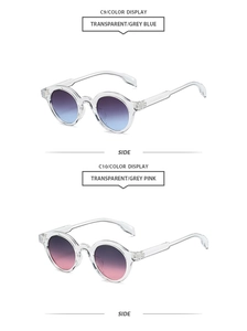 Detail view of oval sunglasses with transparent frames in gradient blue and pink colors