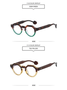 Detail view of stylish irregular sunglasses in demi green and tea yellow colors