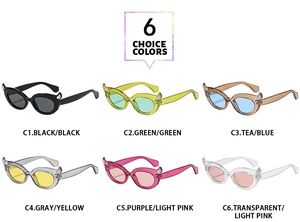 Six colorful devil horn cat eye sunglasses in various shades for trendy parties