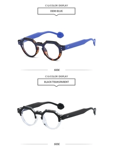 Detail view of stylish irregular sunglasses frames in demi blue and black transparent