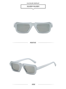 Detailansicht der silbernen geometrischen Sonnenbrille mit hellgrauen Gläsern von vorne