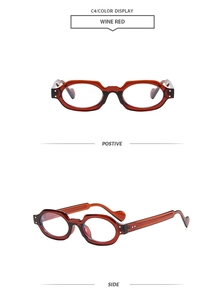 Detail view of wine red square frames with silver rivet accents from front and side angles