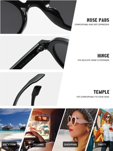 Detail of oval sunglasses showing reinforced hinges and beach lifestyle scenes