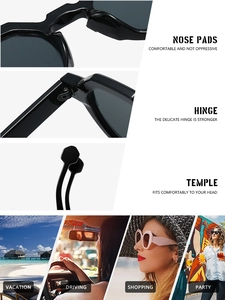 Detail view of black sun glass nose pads, hinges, and ergonomic temples in various scenes