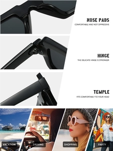Detailansicht der quadratischen Sonnenbrille mit Nasenpads, Scharnieren und Lifestyle