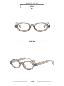 Detail view showing front and side profile of grey translucent square frame glasses