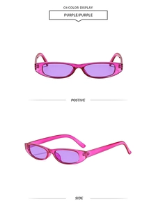 Détail montrant les angles avant et latéraux de lunettes de soleil ovales violettes étroites