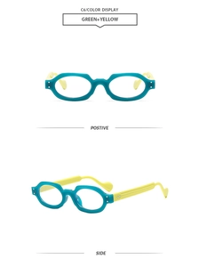 Detail view of square green frames with wavy yellow temples for a retro fashion look