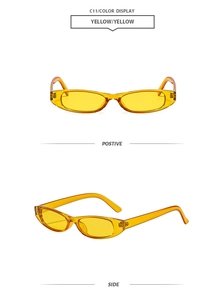 Vue détaillée des lunettes de soleil ovales rétro jaunes avec monture transparente