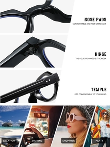 Detail of ergonomic nose pads, sturdy metal hinges and stylish rivet temples of eyewear