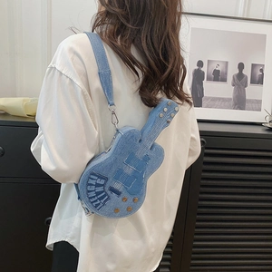 Creative guitar-shaped denim crossbody bag for women with adjustable strap on model