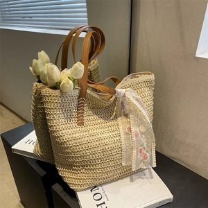 Large Capacity Straw Woven Tote Bag Women Summer Beach Handbag With PU Leather Handles And Flower Embroidery Lace Ribbon