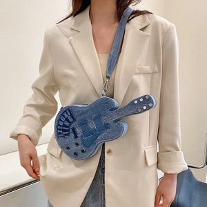 Creative guitar shaped denim crossbody bag with silver studs and adjustable strap
