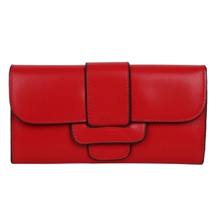 Minimalist red leather long wallet with wide buckle strap and stylish flap closure