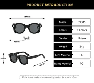 Tableau des tailles pour lunettes de soleil rétro montrant dimensions et matériaux PC