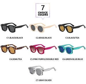 Détail de lunettes de soleil rétro épaisses en sept combinaisons de couleurs tendance