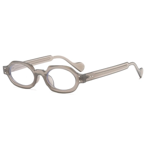 Retro small oval cat-eye glasses with grey-brown frames and wavy curved temples