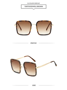 Détails de lunettes de soleil carrées en écaille avec verres dégradés bruns et branches dorées