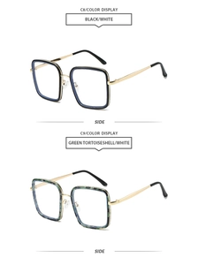 Détail de lunettes de soleil carrées rétro en noir et écaille verte avec branches en métal