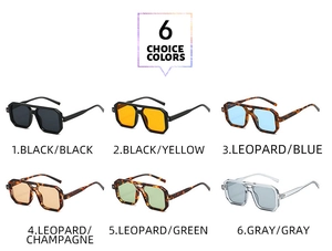 Six assorted colors of stylish double-bridge square sunglasses on a white background