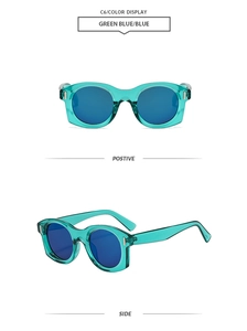Vues détaillées de face et de côté de lunettes de soleil rondes rétro bleu sarcelle