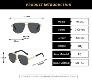 Detailed size chart for M5250 aviator sunglasses with frame dimensions and specifications