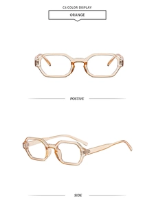 Detailansichten der orangefarbenen transparenten Hexagonal-Brille mit schmalen Bügeln