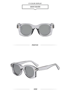 Vue détaillée des lunettes de soleil grises translucides avec charnières dorées