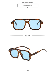 Detailed views of leopard print sunglasses with blue lenses and double bridge design