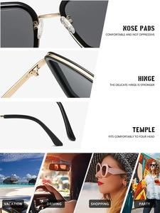 Détails des charnières métalliques et plaquettes de lunettes de soleil carrées noires