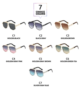 Flat lay collection of hexagonal metal sunglasses in seven diverse lens and frame colors