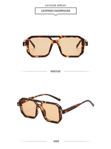 Front and side views of vintage leopard print square sunglasses with champagne lenses
