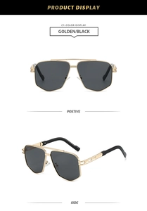 Detail view of gold aviator sunglasses with geometric double bridge and black lenses