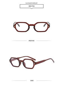 Detailansicht der polygonalen Brille in Red Tea mit Nieten und transparentem Rahmen-Design