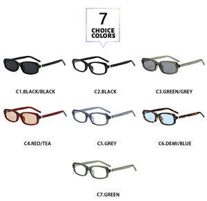 Classic rectangle frame sunglasses detail showing seven stylish color options and lens tints