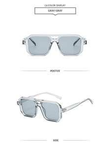 Front and side view of grey transparent geometric square sunglasses with double bridges