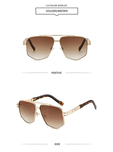 Detail of golden double-bridge sunglasses with brown gradient lenses and tortoise tips