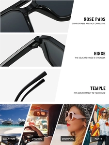 Detail view of square black sunglasses showing stable metal hinges and nose pads