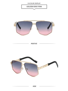 Detail of C4 golden metal aviator sunglasses featuring gray pink gradient lenses