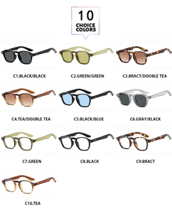 Grille détaillée montrant dix options de couleurs vives pour ces lunettes de soleil rétro