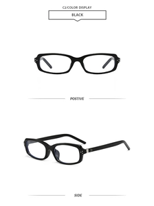 Detail view showing front and side of glossy black square sunglasses with silver rivets