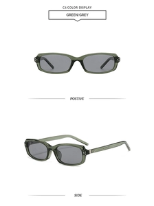 Front and side views of rectangular green sunglasses with grey lenses and metal hinges