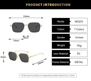 Tableau des tailles pour lunettes de soleil carrées en métal avec dimensions précises