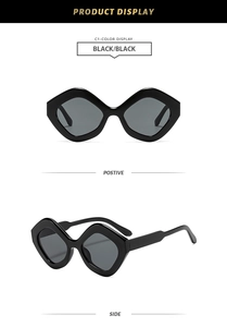 Detailed views of black oversized polygon sunglasses with thick retro frames and lenses