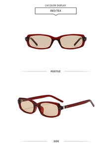 Front and side views of red transparent square sunglasses with elegant tea lenses