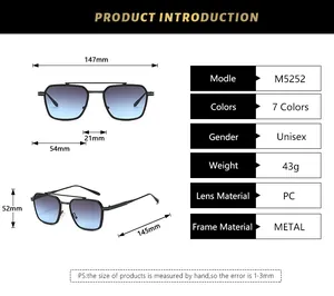 Detailed size chart for unisex metal pilot sunglasses featuring specific frame dimensions