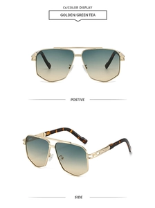 Detail view of gold double-bridge sunglasses with gradient lenses and tortoiseshell tips
